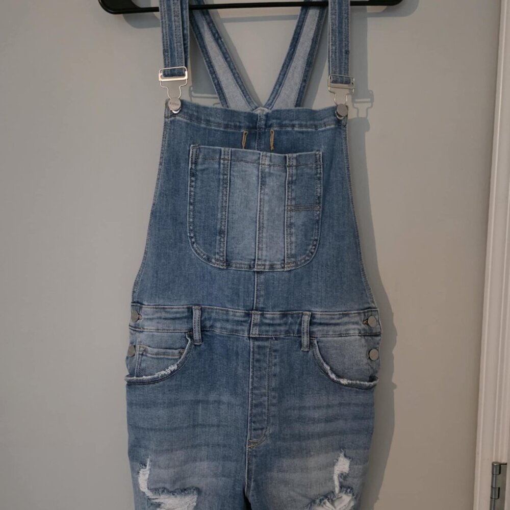 Distressed Denim Short Overalls